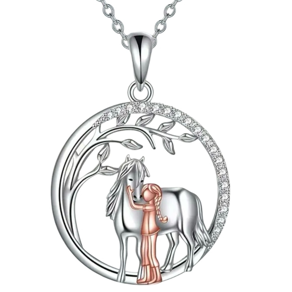 Sterling Silver Horse & Girl Pendant Necklace with Rose Accents NEW